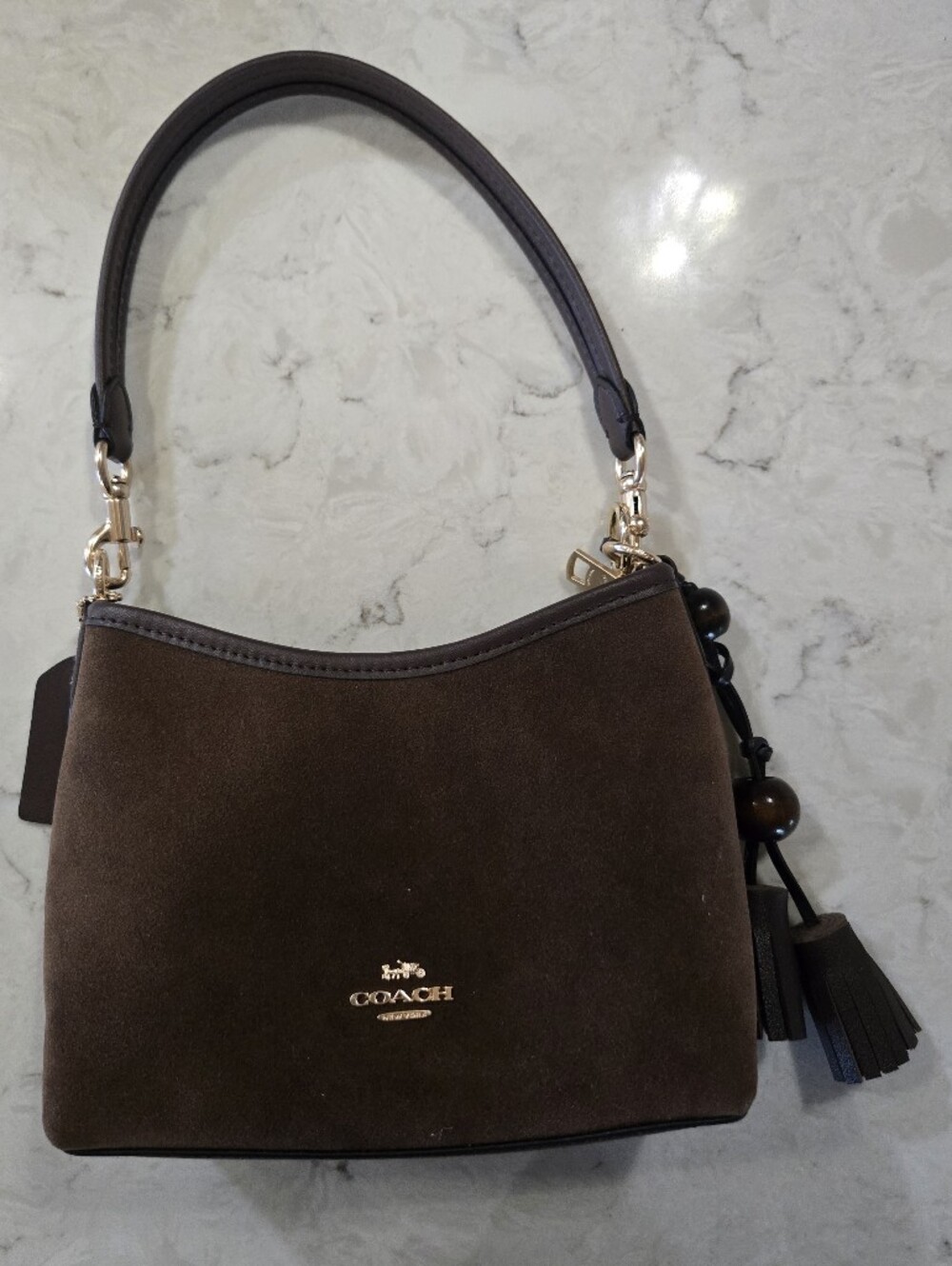 Coach Brown Suede Shoulder Bag with Gold Hardware